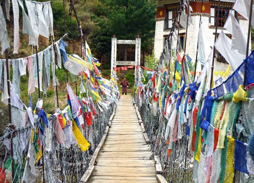 Bhutan Suspension Bridge with Prayer Flags