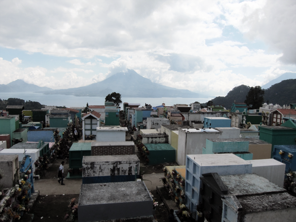 The view of Solola Cemetery which overlooks Lake Atitlan and the Volcano of Atitlan