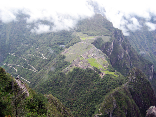 The view of Machu Picchu from high above Huayna Picchu