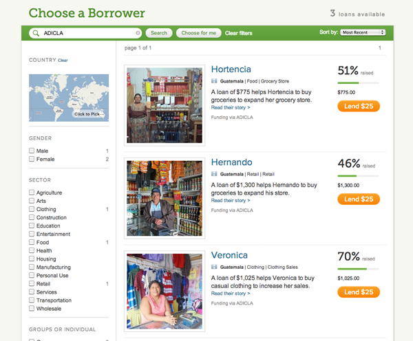 Kiva Borrower Search Screenshot