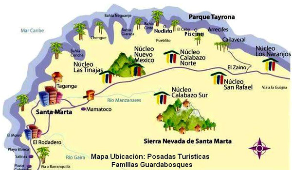 Map of Tayrona National Park outside Santa Marta, Colombia