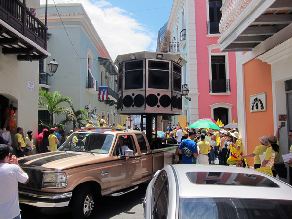 Public gathering on the streets of Old San Juan Puerto Rico complete with giant speaker