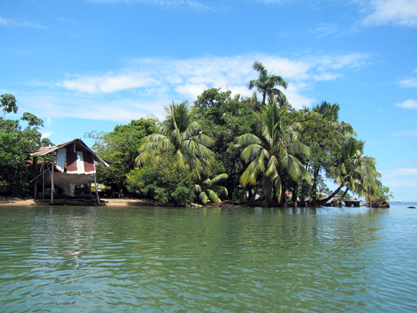 A boat house and palm trees coming into Livingston, Guatemala