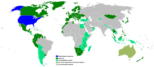 VISA Requirements for US Citizens Map